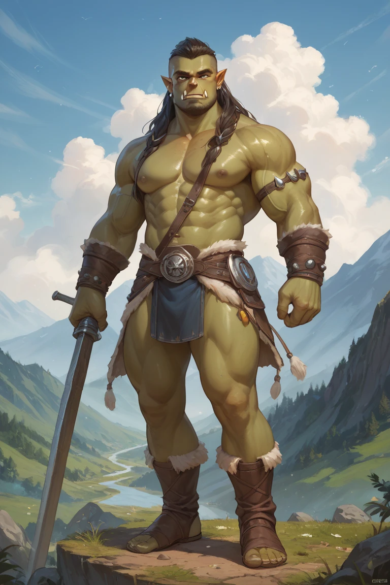 Muscular barbarian, upper body unclothed, legs uncovered from thighs to feet, flowing long curls, detailed muscular physique, lifelike representation, 4K resolution. Background: Wild untamed wilderness with rugged mountains,32k uhd, best quality, masterpiece, super detail, high details