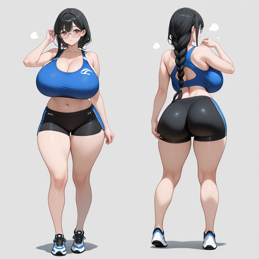 You could generate an image of an 18-year-old girl with an average height, a slim body with a voluptuous and curvy sand clock figure, small but round and perfect breasts, a thin and attractive waist, quite wide and very sexy hips, a butt ridiculously huge, round, thick, firm, fat, double, broad and very large compared to how thin and slender the rest of his body is, long legs with thick, wide and sexy thighs, snow-clear skin, brown hair, long to her chin with bangs that cover her forehead and 2 buns on the sides of her head, intense blue eyes like the color of the sky, thin eyebrows, beautiful long and sharp eyelashes, very beautiful and dressed in a pink sweater, blue shorts and completely white sneakers walking through a city