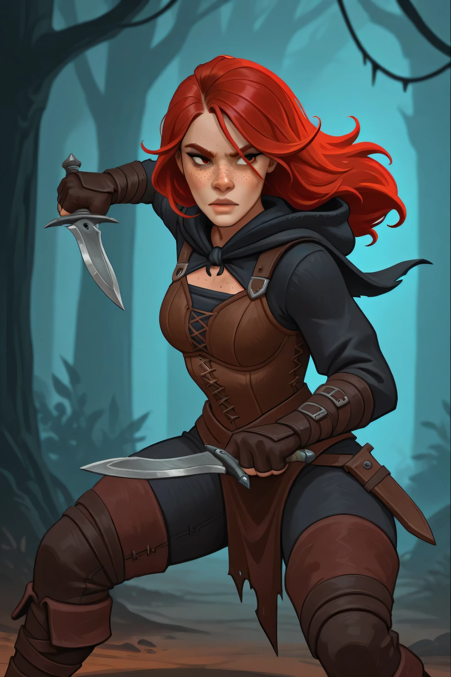 girl rogue, alone in the foreground, in a fighting pose with dagger, She has red hair, freckles, dark fantasy, explores dark medieval dungeon