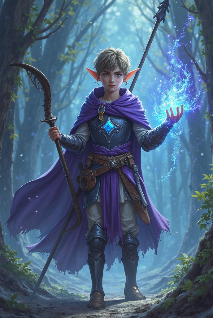 a teenager half-elf boy with silver short hair and ice blue eyes, silvan ehalf-elf, A boy wearing a black cloak, forest, The One Ring