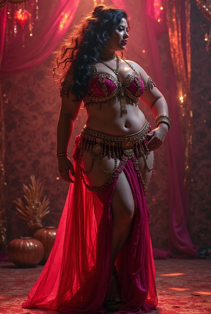 A plus size model woman is obese and fat, weighing 150kg, with lots of belly fat, she gained weight by eating too much, she is an obese plus size model with a very large belly, her belly is bulging and covered with a lot of fat, she has blonde hair in a colorful costume, a saggy belly and a tattoo around her navel, she is belly dancing on stage, swaying her body to the music, 4K quality, low angle