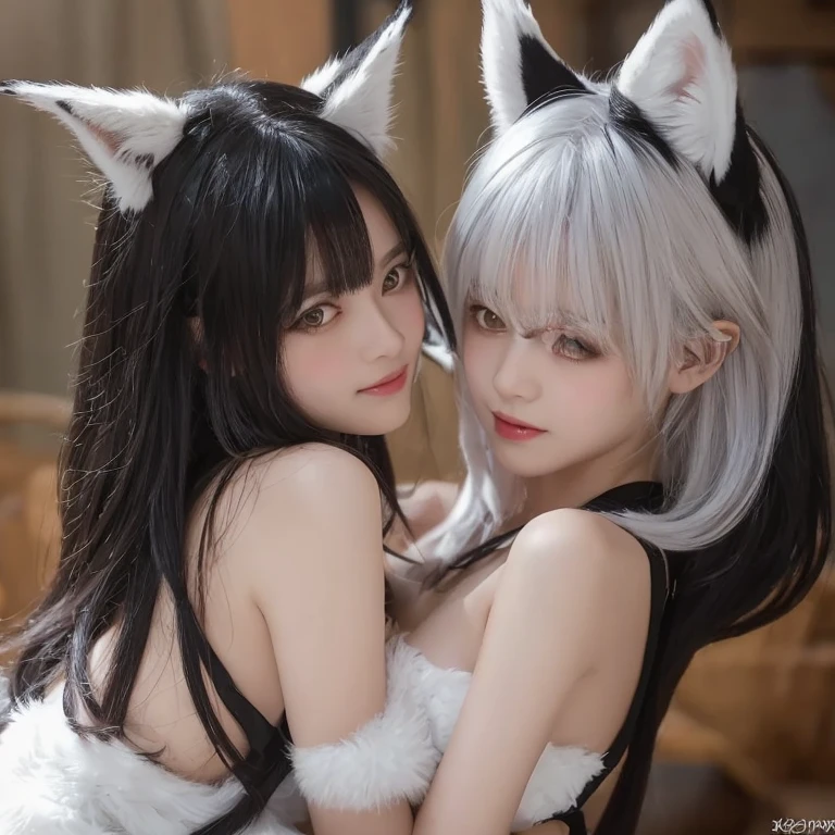 blond woman with cat ears and a black top posing for a picture, attractive cat girl, white cat girl, woman with cat ears, perfect white haired girl, fake cat ears, beautiful young catgirl, girl with cat ears, catgirl, ava max, very beautiful cute catgirl, anime catgirl, white fox ears, cat ears, cat girl, (two heads)