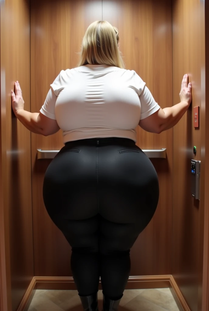 tall fat xxapple girl bumping her huge butt in a sexy chinese dress with leggings, trying to squeeze out of a tiny door in the elevator at the office, she is too round and swelled up, she is stuck tight