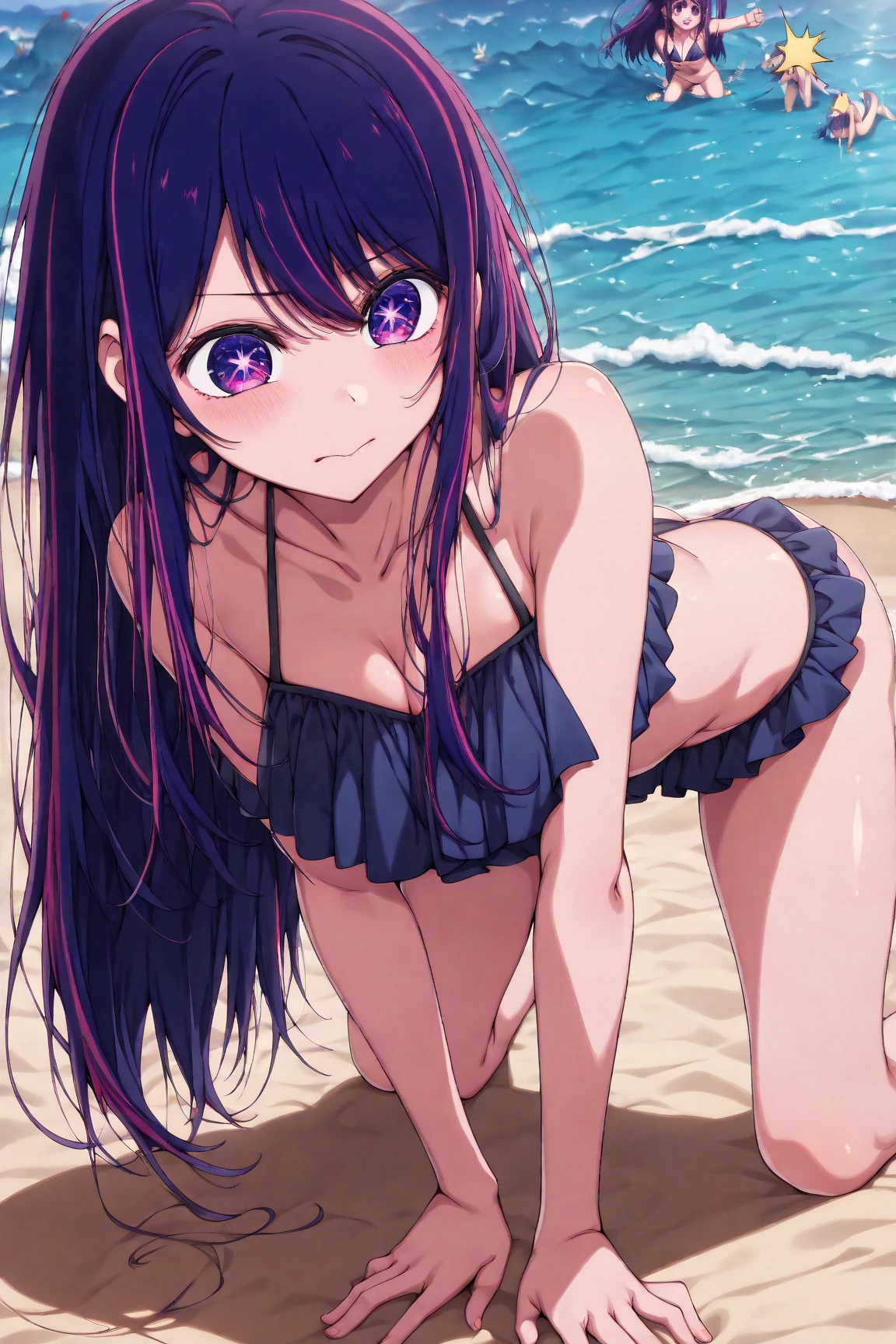 (anime artwork, anime style, studio anime, very detailed, up to date, vibrant, Anime Coloring, high contrast, masterpiece:1.2, best quality, best aesthetics),1 girl,hug from behind,bikini, Medium chest,random hair, One eye is hidden by the bangs, perfect proportions, high detail skin, Cute, detailed faces,beach, precise fingers,curvy,adjusting bikini, from behind, looking back,full body,