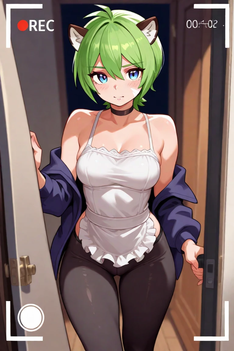 A tall girl big breast beautiful sensual beauty light green emo hair short cut her red eye wears green top under long white shirt and a long green skirt white dress cute