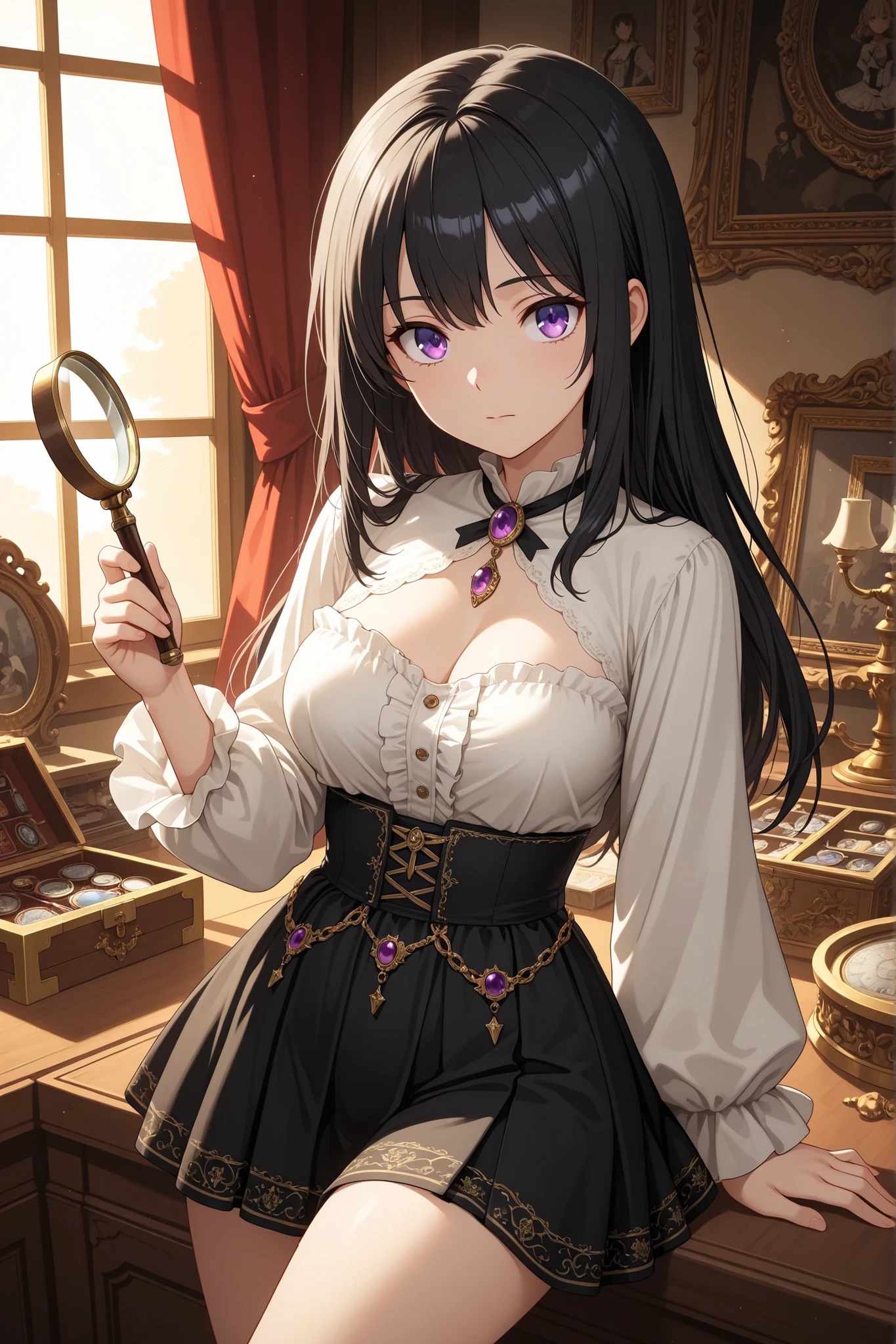 masterpiece, BREAK 1girl, 20 years old, beautiful detailed anime face, inquisitive purple eyes, BREAK long black hair, wearing an elegant antique appraiser's attire: a classic blouse with ruffles at the neckline revealing cleavage, a velvet mini skirt, and a monocle, BREAK examining an ornate, ancient jewelry box with a magnifying glass in a dimly lit, cluttered antique shop filled with peculiar artifacts and old tomes, BREAK mysterious and intellectual atmosphere, dust motes in rays of light, high-quality anime art style, gothic mystery.
