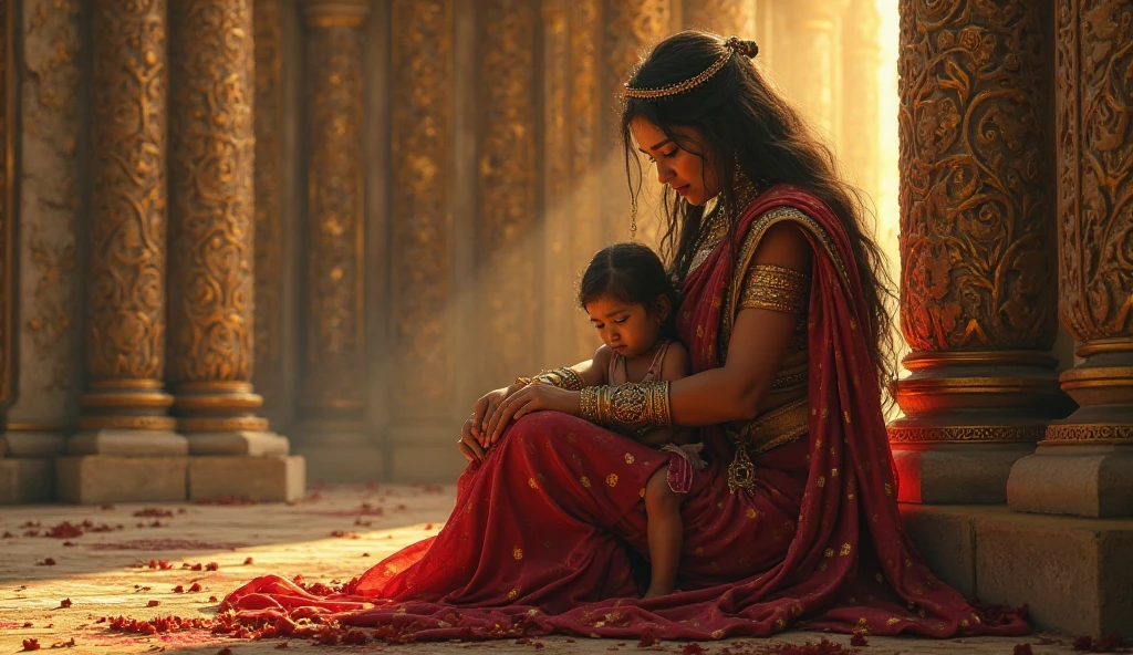 Foto RAW, foto retrato a woman holding a child in front of a crowd, trending on cg society, samikshavad, natalie portman as a goddess, apsaras warrior, still image from tv series, handsome girl, ashoka tano, trailer, stunning visuals with rtx on, indian, mother, ben hur, innocent look, stunning visuals, 8k uhd official screenshot mulher, sombras duras, Cinematic Shot, dramatic lighting