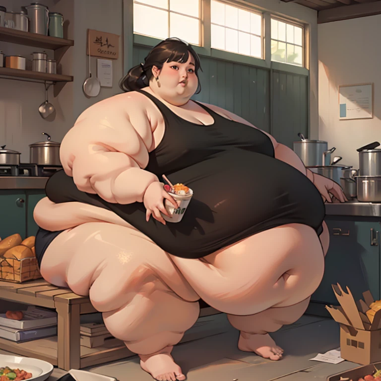 masterpiece, bestquality, high rating, 1girl, black woman, ((USSBBW)), ((morbidly obese)), ((skimpy clothes)), eating food, full body shot