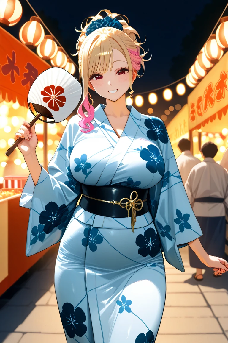 ((One girl)), Beautiful smile,Very happy expression,Smile kindly,((Wink:1.4)),Glossy Lips,Abstract, night,Festival food stalls, ((Anime style background)),masterpiece, highest quality, so beautiful, Absurd, up to date, Complex details, (Pink long nails),AI-generated, Complex,High resolution, highest quality, super high quality,3D Images、View the viewers、3D Images,one person,Long Blonde Hair,High Ponytail,blue eyes,Anime woman posing for a photo, [[Fine grain、Colorful eyes、Shining Eyes:1.15]],(Squint your eyes:1.1),a hyperRealistic , hyperRealistic , Realistic , Blonde anime woman with long hair, Smooth anime CG art, A woman in a colorful kimono with gold embroidery, Black kimono,Pink floral pattern,Flower Hair Ornaments,Earrings,(Large Breasts:1.3),Mature Body,tall,Big Ass,Fine details,Abdominal muscles,Shooting from below