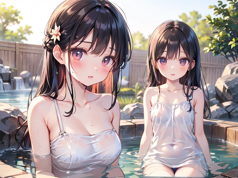 very cute（Girl 16 years old）、dark brown hair、（Medium chest）、clear white skin、beautiful legs、beautiful body、Very wide々Relaxing in the hot spring open-air bath、Wrapping a bath towel around the body、11 years old、