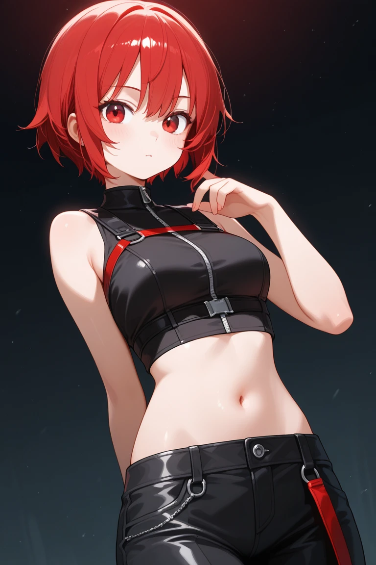 1 girl, Red hair, blushing, short length hair, curly hair, freckles, angry smile, brown eyes, body shape, fighter, small breasts, black choker, fingercut gloves, belly showing, cyberpunk jacket