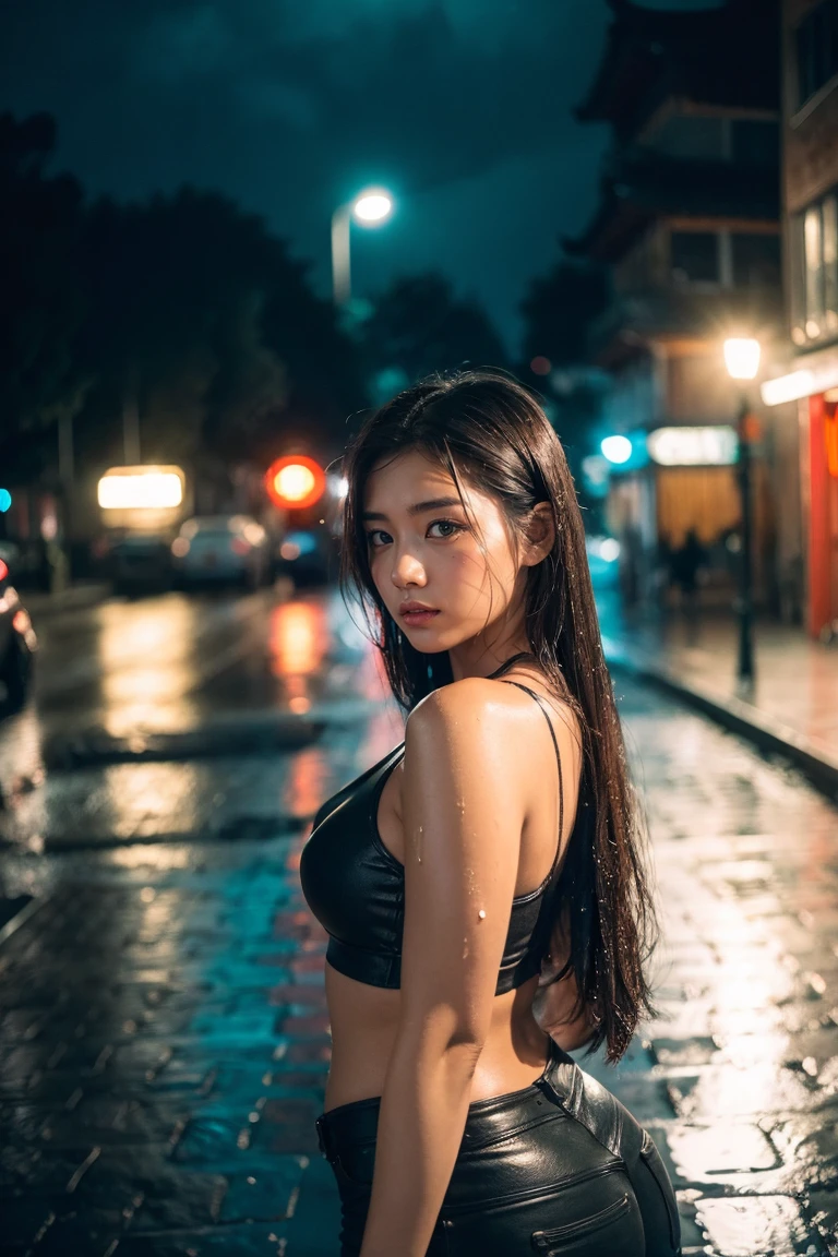 1 girl, solo, long hair, Rough skin, (looking at viewer:1.2), wet hair, micro_ shorts, dark, polaroid, (depth_of_field:1.5), siting in coffee shop, hair between eyes, moody lighting, Tyndall effect, Cinematic Lighting, night, lamppost, lens flare, available light, rim light, glowing neon lights, curvy, chinese _ style,