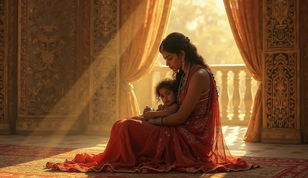 Create an image of an indian girl Saranya living in Valery Kogan's Caesara mansion. Saranya putting her hand on moulay hassan...still a boy...2 only...prince of morroco chest and look in his eyes.