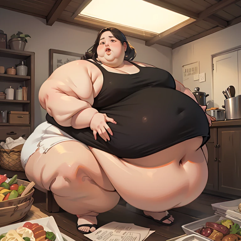 (masterpiece, detailed, realistic:1.2), young woman, USSBBW, (morbidly obese, fatblob:1.3), (detailed, beautiful face:1.2), side view, nude, restauraunt, sitting on chair, all you can eat buffet, judges panel