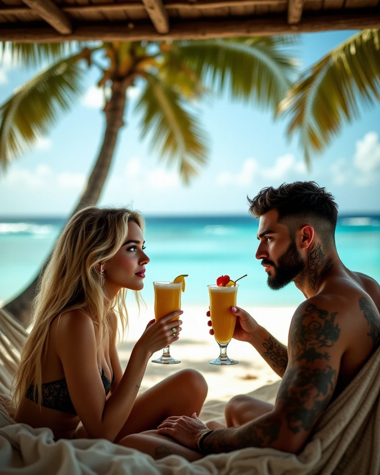 Man and Girlfriend 25 to 35 years old, On the Caribbean beach, blonde hair, brown eyes, eating acai , with friends Ultra HD, high qualiy, best qualityer, high resolution, 8k, 16K
