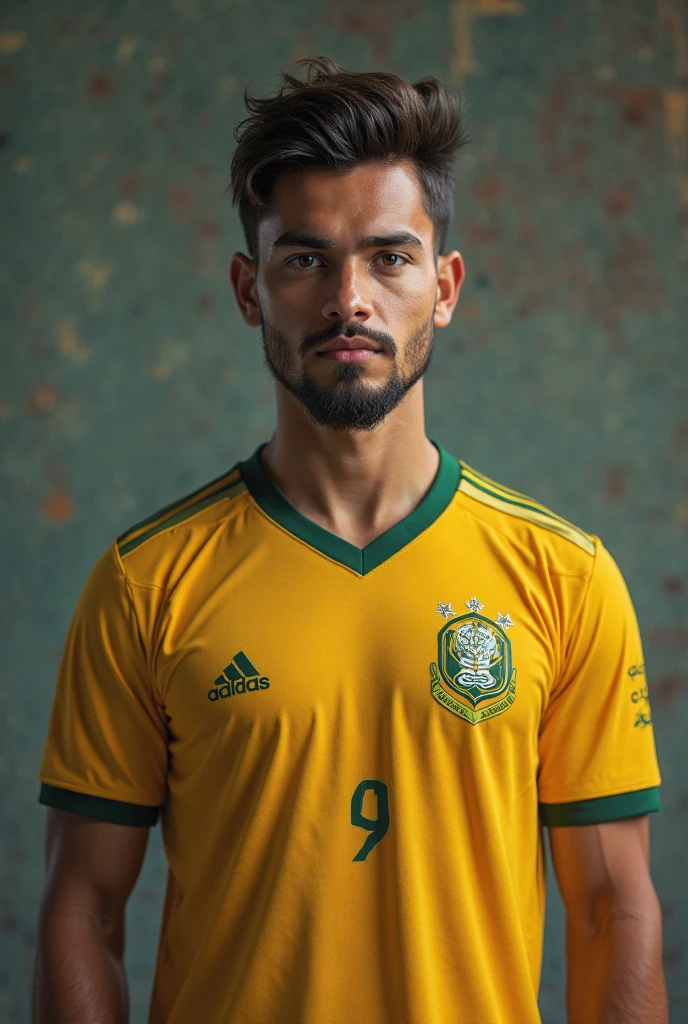Create an image of a handsome brown-haired man, watching the Colombian national team match, with the Colombia national team shirt and the name Sebastián and the number 520