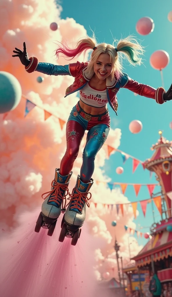expressive portrait optical illusion action scene tempera painting postcard close up Margot Robbie as mad Harley Quinn skateboarding city street, wide smile road giving me perfect hand on cracked paper, sharp edges broken perspective, close up hand, hearts Apollonia Saintclair, Dan Mumford Norman Rockwell intricated pose, dynamic movement, cinematic, focus on perfect skate, boot, deep colors, low angle shot