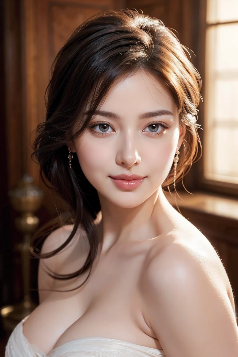 1woman, Updo hairstyle, (Ultra realistic, high res), (highly detailed eyes, highly detailed hair, highly detailed face, highly detailed plump lips), (off shoulder with open breasts), breasts, upper body, caute smile, (best quality:1.4), Raw photo, (realistic, photo-realistic:1.37), professional photography, cinematic light, (fine face: 1.2),