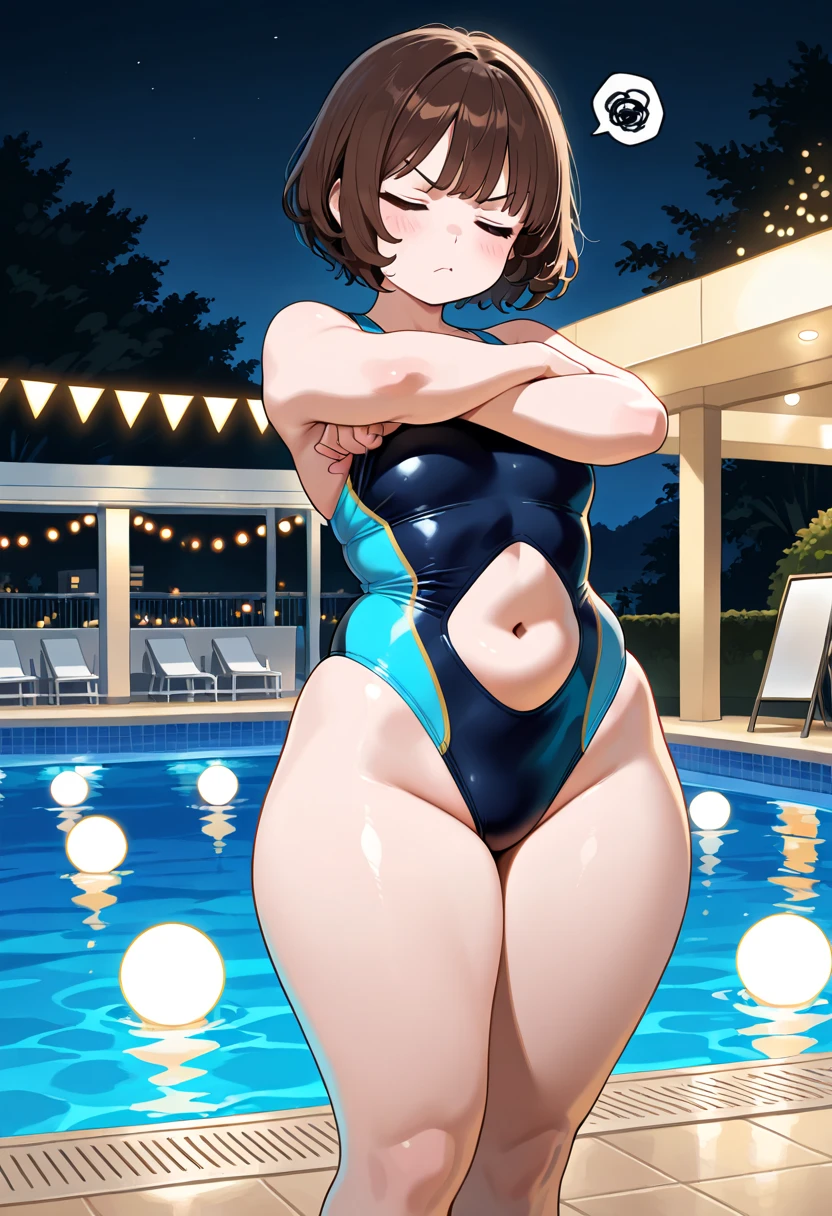 masterpiece, best quality, high definition images, atmospheric perspective, expressive eyes, perfect face, ultra detailed, solo, 1mature seductive woman in navy competition swimsuit , alluring pose, brown semi short hair, large breasts, calm smile, open mouth, sweaty, high legs, from below, in study room,