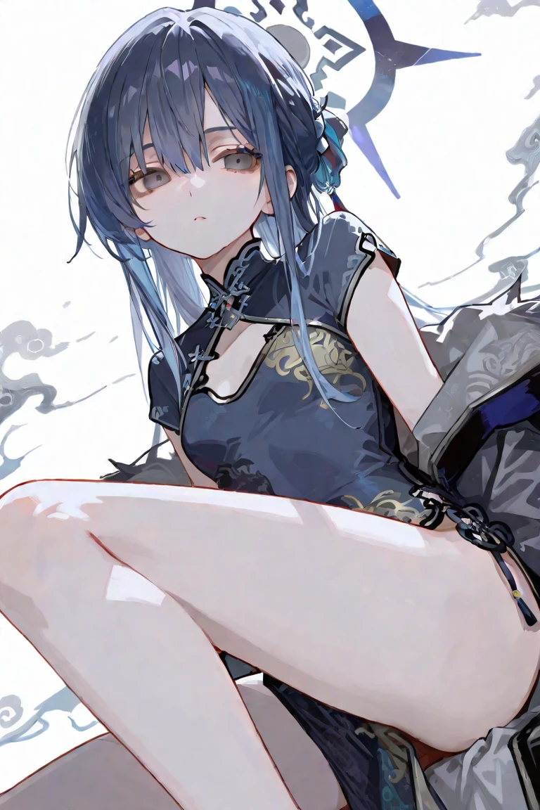 ((Highest quality)), ((masterpiece)), ((Very detailed)), (Very mature),A cute, gentle-looking female high school student with black hair and a height of about 165cm.,A female high school student with a cute smile and small breasts wearing a transparent blue waifus with a cute patterned hood and bare shoulders, A gentle woman with a slightly long vertical face,Small Faced Woman,alone, Cute attitude,(background(bright),Long Hair - Straight,Knee-high socks、A transparent blue veil with a cute pattern and white hood with off-the-shoulder sleeves,White wall、Sitting、Facing the viewer、縁に模様がある壁が1面のbackground