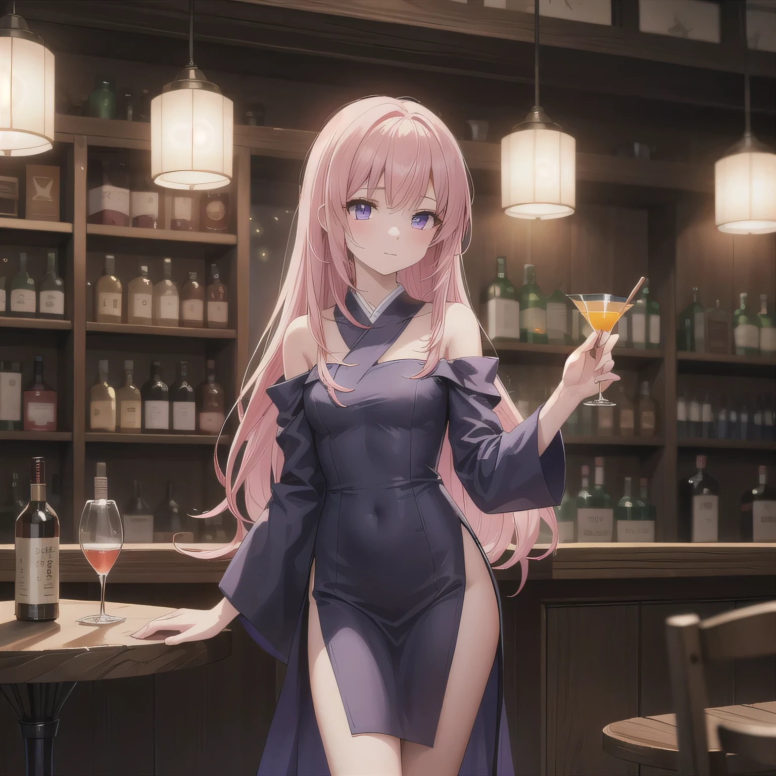 NSFW,I entered Sajnajuju.,Pink Hair、Pink Eyes、Long Hair、Two Side Up,Small breasts,Embarrassed,blush,In heat,Expectant gaze,Cabaret Dress,(Perfect hands),(Perfect Anatomy),(masterpiece),(highest quality),night,bar counter