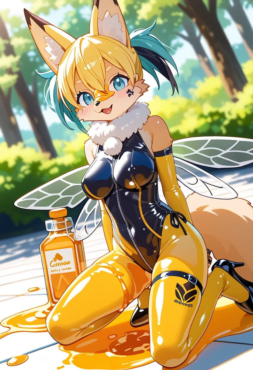 Highest quality, Highest quality, High quality illustrations, masterpiece, Ultra-high resolution, Detailed Background, honeycomb, in the forest, Absurd, Perfect Anatomy, performance, Good lighting, Shadows in the movies(kemono, Furry Personifi猫ion), fox, bee, Honey Skin, Honey Latex, Honey Latexスーツ, Honey Lotion, beeスーツ, beeのコスチューム, beeのコスプレ, ゴム製のbeeのしっぽ, beeの羽, Bee wings, Honey Pool, Honey Lotionを浴びている, Covered entirely in honey slime, Kneeling, Tattoo, cyber punk, High heels, cyber punk, Honey Rubber Mask, Dynamic Angle