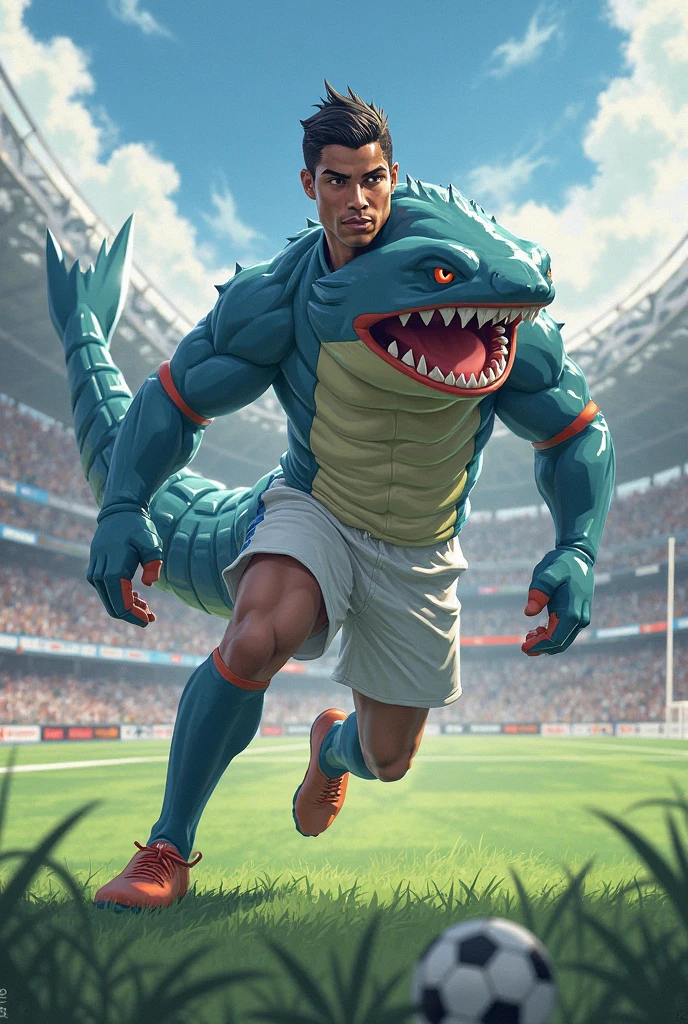 human nature, cannon, male, solitary, ((the strong,Handsome)), (dragon), Chibo,Six-pack abs,(Athletics,Track),run,Blue shorts,Sweat:1.3,high quality, (4K,high quality, high resolution, masterpiece), cartoon,by lindong