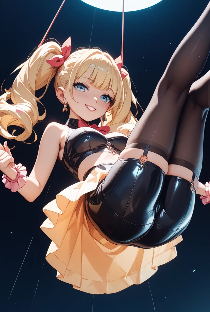 #Basics A girl is posing for a photo, ((One Girl:1.4)) + (((Baby Face:1.4)) + ((cute:1.5)) + ((15 years old))),
break
#Clothing Accessories
((Idol stage micro dresses) : (Shiny黒レザーに赤のレース) + (High neck sleeveless) + ((Tight fit)) + ((Waist cutout)) + belly button + ((Sheer黒のエルボーグローブ)) + ((flare skirt))), (((Black Stockings:1.4) : (Low denier:2.0) + (Sheer:1.8) + (Shiny) + (Black garter belt:1.4))), (Shiny黒のハイヒール)),
((Gold ear cuffs)),
break
#Features
((Blonde)), ((Straight bangs)), ((Curly side hair + Chest-length sideburns)), (((Twin tails) : Curly hair + Fuller Hair + Voluminous Hair + Tied up with a red string ribbon)),
((Droopy eyes:1.4, Big eyes:1.2), blue eyes), (Brown skin:1.4), ((Small breasts)),
break
#background environment
((Live Stage, The light shines + Pink Light)),
#Facial Expression Pose
((Wicked Smile, Estrus, blush)), ((Dancing seductively on stage)),
#composition
((Face the camera, (Character Focus), (Angle from the front), (full body))),
break
#Body parts elements
(Slim figure),
(Detailed Hair, Beautiful Hair, Shiny Hair),
(double eyelid, Long eyelashes),
(Expression of fine eyes, Beautiful and delicate eyes, Sparkling eyes, Eye Reflexes, Glitter Eyeliner),
(Human Ear),
(Beautiful Nose, Thin Nose),
(Shiny唇, Beautiful Lips, Thick lips), (Symmetrical facial features),
(Detailed skin, Textured skin, Beautiful Skin, Oily skin),
break
#Quality Image Quality Common
(((Highest quality)), ((masterpiece)), ((Very detailed))), ((Ultra-high resolution)), ((16K, 1080P)), ((Full HD)),
(Anatomically correct), (Realistic), (3DCG),
(High contrast), (Highly saturated colors), (The whole picture clearly), (Everything before and after is clear),