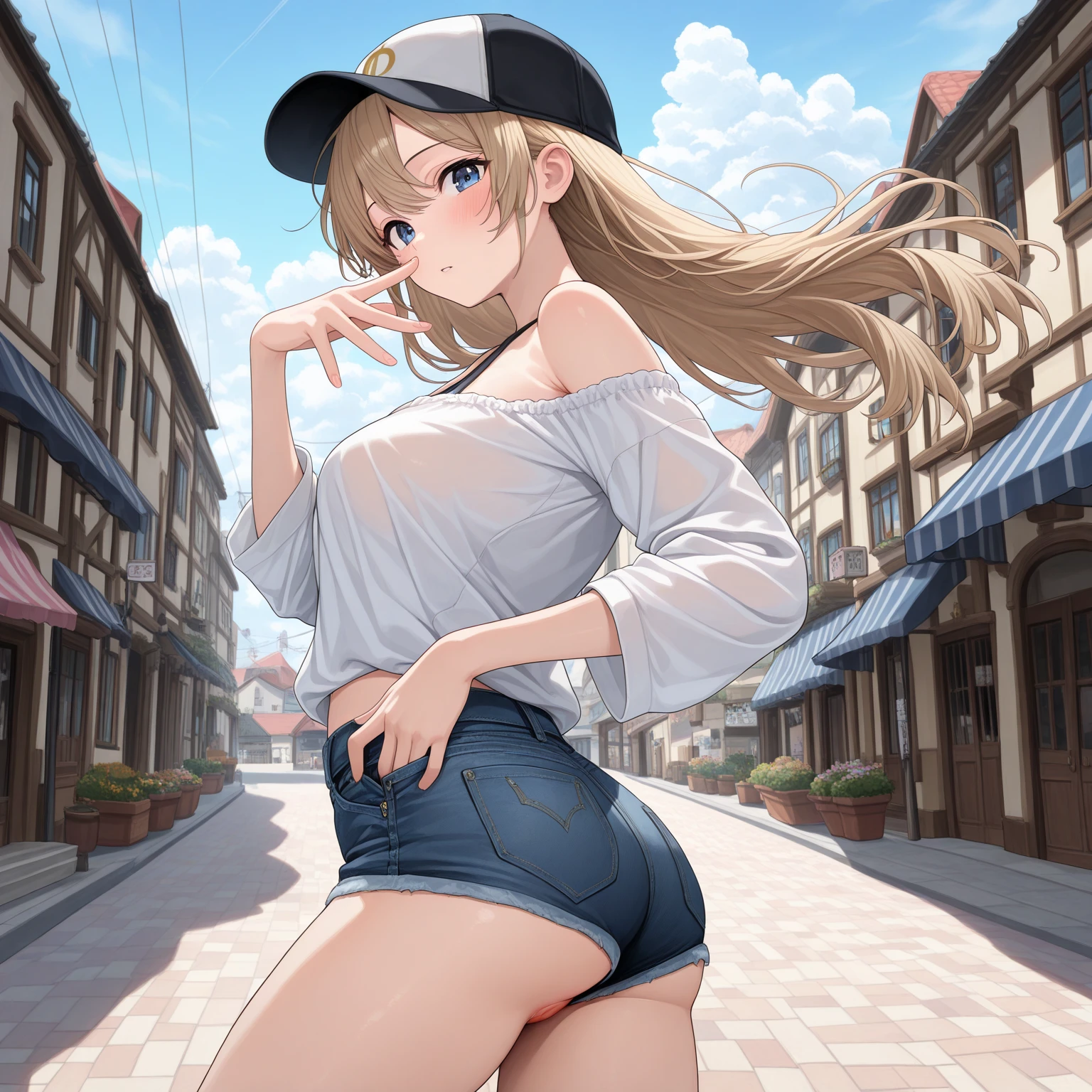 from birds view pov looking at the horizon where a gigantic blonde barefoot giantess girl walks towards a tiny city, her foot is bigger than a car, towering over tiny city, horizon curvature, anime, woman
