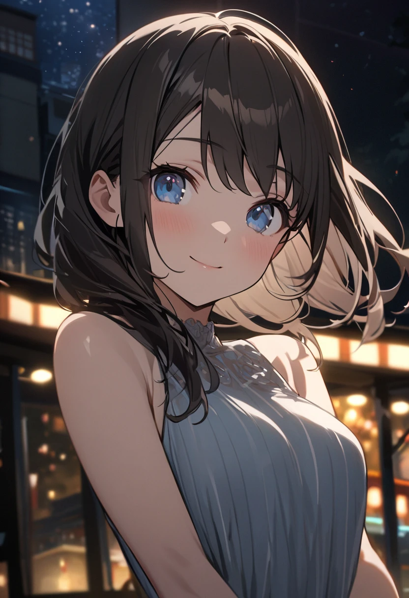 1woman, , (((woman))), alone, realistic, highest quality, photorealistic, masterpiece, 8K, High resolution, alone, highly detailed face, (professional lighting, Bokeh), (particles of light, Lens flare, glowing particles:0.6), (dynamic pose:1.2), soft lighting, Angle seen from above, Fashionable and trendy atmosphere, Japan, (street:1), Tokyo, (city), river, ((at night)), null, ((looking at the viewer:1)), (look at the camera),(portrait:0.6), cowboy shot, nice, walk, Maintain original face proportions, wide shoulders, whole body, (Medium chest), (long hair), brown hair, floating hair, lips, lipstick, seductive smile, floating hair, (smile), (Open_mouth), teeth, Eye Ring, ((full nude)),