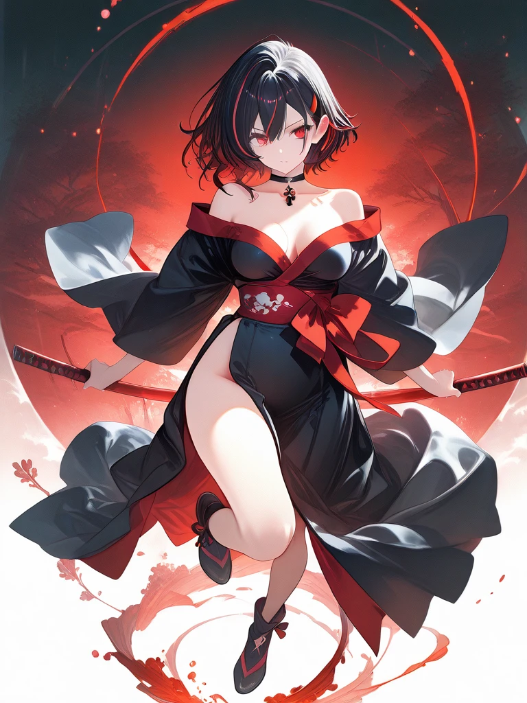 yor briar, anime style beutiful woman, 1girl,fullbody, happy, smile, red face, closed mouth, beautiful detailed eyes, super detailed skin, backlighting, bare shoulders, black background, black dress, black gloves, black hair, breasts, dress, earrings, fingerless gloves, floating hair, floral print, flower, gloves, gold earrings, gold hairband, hair flower, hair ornament, hairband, holding, holding weapon, jewelry, large breasts, long hair, looking at viewer, off-shoulder dress, off shoulder,red eyes, short hair with long locks, sidelocks, solo, spikes, thighs, two-sided dress, two-sided fabric, weapon, fighting stance , face, close up, from above, highest quality, high resolution.
