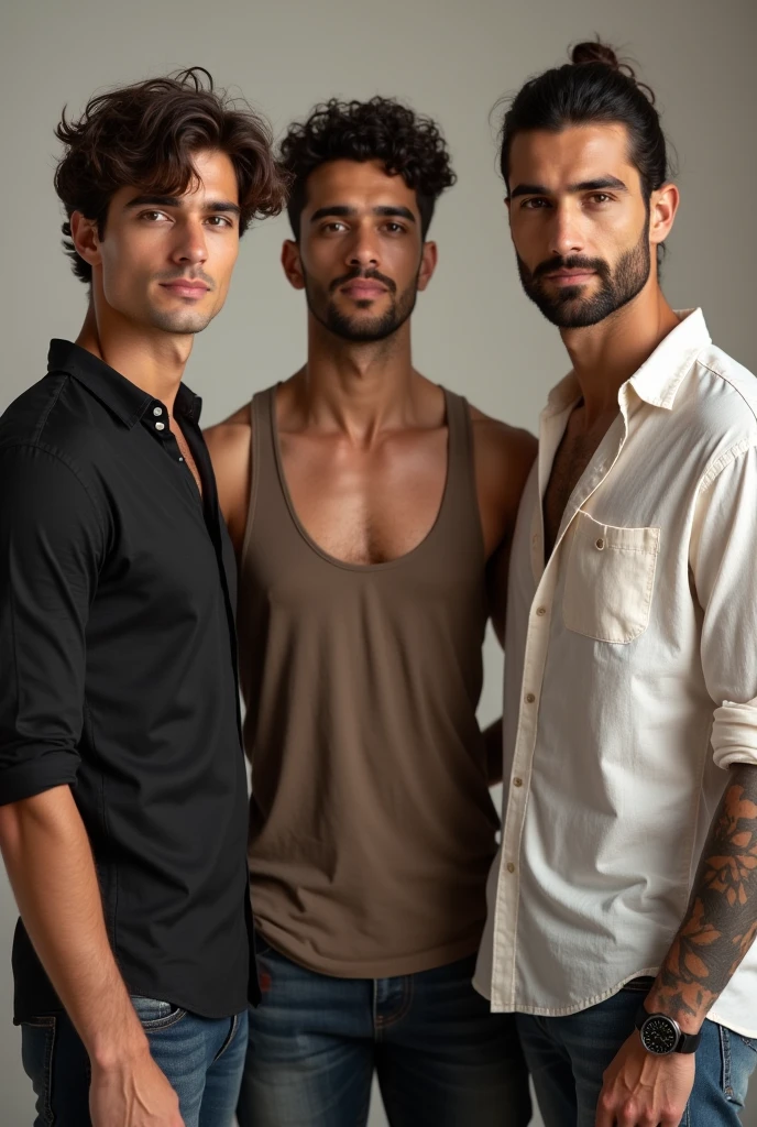 Generate an image for me with three mans, one who has boxer braids glued together and is latin, another who is a little shorter and has Peruvian features, and another who is taller and is also somewhat latín but with straight hair.
