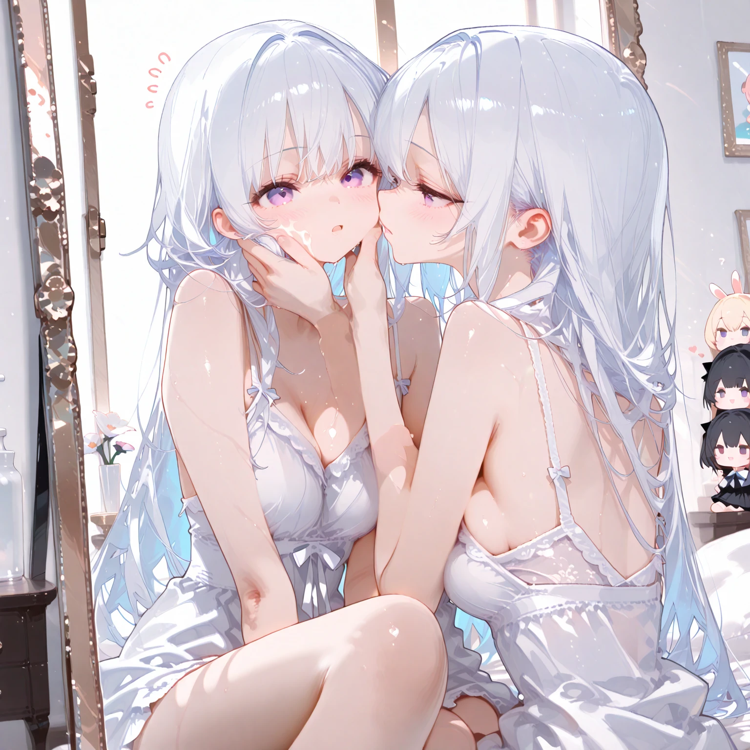 masterpiece, best quality, nsfw, 
2girl, kiss, 
white lingerie, silver hair, embarrassed face, 
bedroom, late night