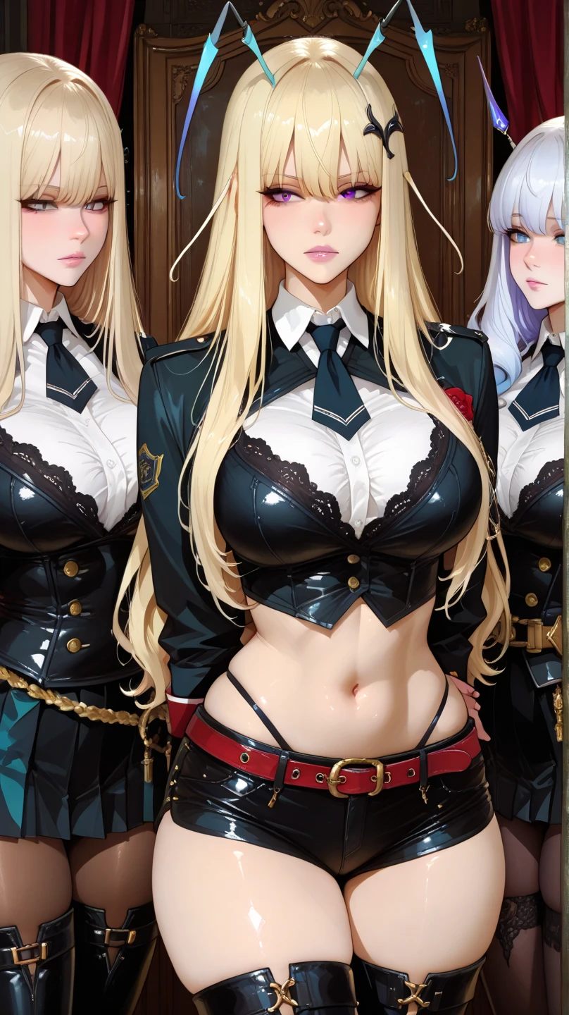 multiple girls, group picture, 5girls, standing, (salute), gold earrings, large breasts, jewelry, military cap, (military uniform), (epaulette), jacket, harness, thigh strap, black thigh boots, (layered skirt), miniskirt, corruption, empty eyes, half-closed eyes, evil smile, no pupils, smirk, 1girl, ((milf)), mature female, married woman, dark theme, dark persona, skindentation, wide hips, sfw