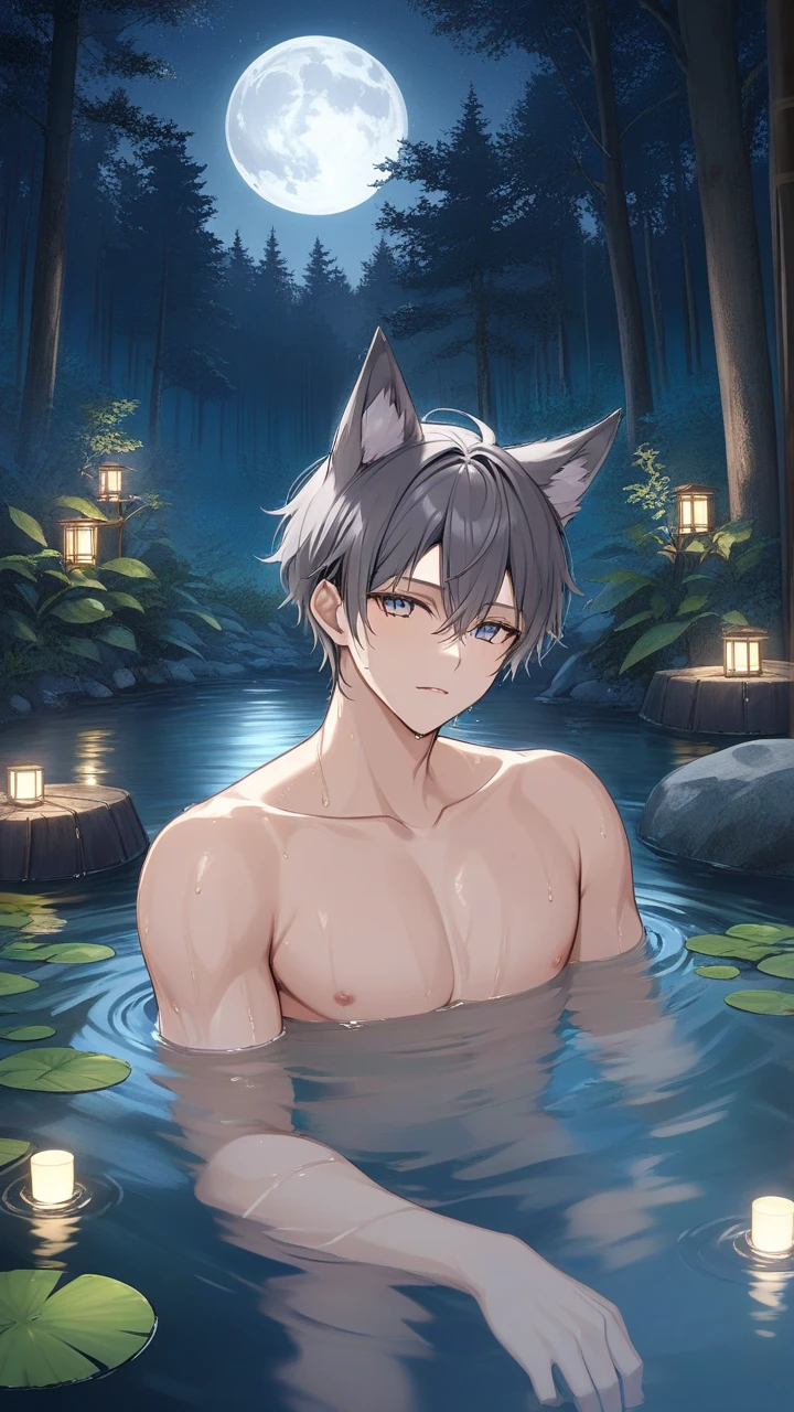 (absurdres, highres, ultra detailed), (1 solo male) 1 male, elf adult, handsome, tall slender guy, narrow eyes, narrow shoulders, finely detailed eyes and detailed face, messy shaggy black hair, side bangs, bangs, green eyes, sexy twink, shirtless, final fantasy 14, dog collar, full body shot, smug look, in water, lake, swimming, beautiful water view