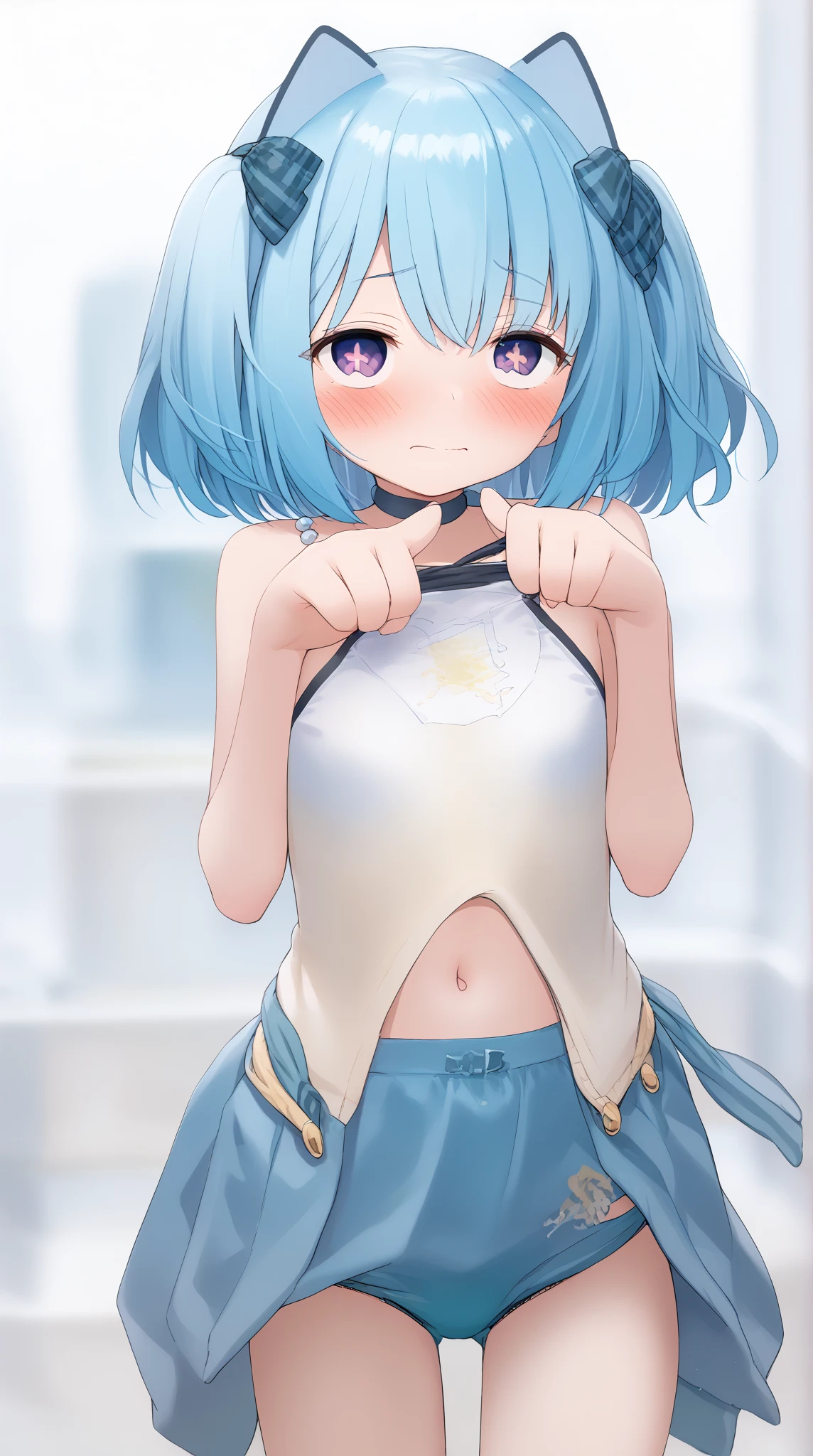 NSFW,masterpiece,Highest quality,High resolution,Super detailed,Shirakami Fubuki\(Hololive\),Gray Hair、One-sided braid、Ahoge、Earrings,Fox ears,Fox tail,Cropped jacket,Crop top shirt,Low-rise shorts,Embarrassed,blush,Expecting face,Seduce,smile,Lingerie Shop,Underwear section,Luxurious Room,Shy Pose