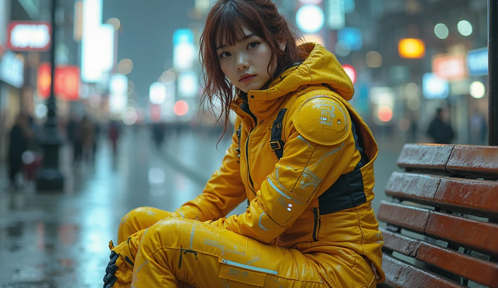 Has short red short hair, wears yellow clothes