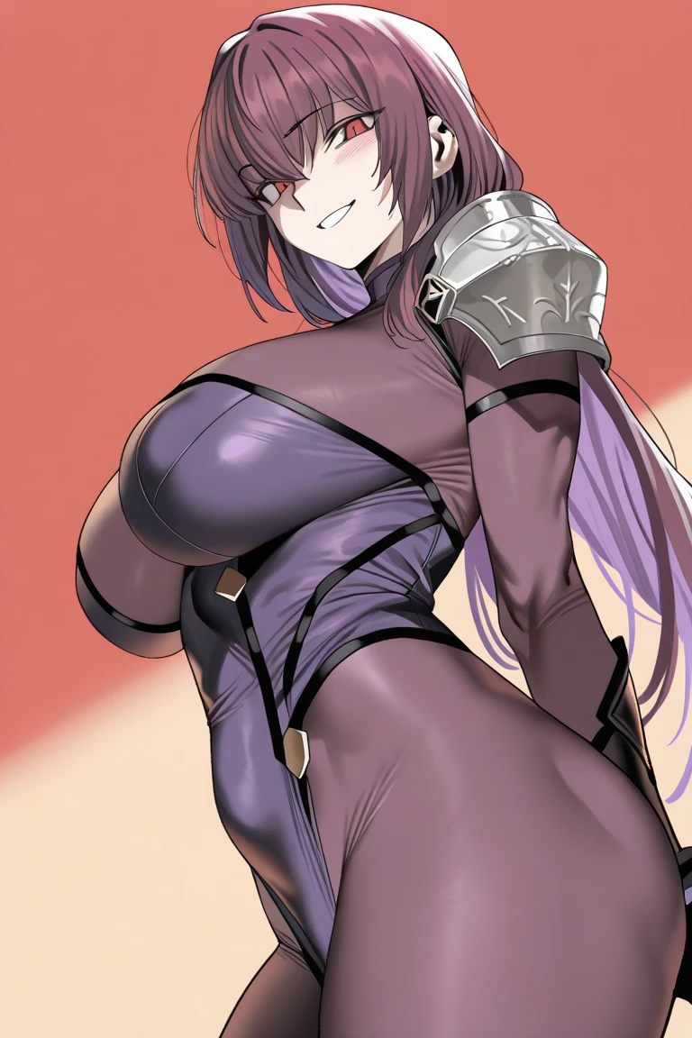 "(masterpiece:1.1), best quality, 
1girl, (80s anime style:1.4), (eyelashes:1.5),
(intricate high detailed body:1.2), 
purple hair, 
(forehead, hair slicked back:1.2), (wavy twintails:1.1), 
purple eyes, (gothic makeup, red lip stick, eye shadow:1.1), 
(pale skin:1.3), (loli body:1.2), (gigantic breasts:1.1),
grin, (open mouth, tongue out, blush:1.2),
(silver embroidery leotard armor, criss-cross halter:1.2), (topless, nipple, big areola:1.4), 
(knight armor, armored boots:1.2), (flower brooch:1.1), (streaked hair:1.2), crystal necklace, 
standing, hand on hip, 
(cowboy shot, shoot from front:1.5), 
(simple white background:1.2)"