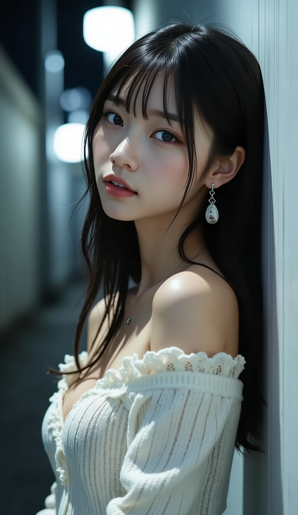 ((Front shot from above chest:1.5))、(petite young Japanese woman traveling)、Back Alley at Night、(standing with full back on a high white wall)、(eyes closed and chin slightly raised)、All of the backgrounds are walls、(kiss face:1.45)、Angle looking down at a woman's face slightly、((dating))、((white off-shoulder knitted sweater with lace ruffles))、simple earrings、white skin、BEAUTIFUL BLACK HAIR、Straight Long Hair、light makeup、(dynamic pose:1.4)、(Beautiful huge breasts)、Accurate depiction of hands and feet、RAW pictures、16K、Reality、professional photography techniques、Ultra High Definition、16K、Real Photo