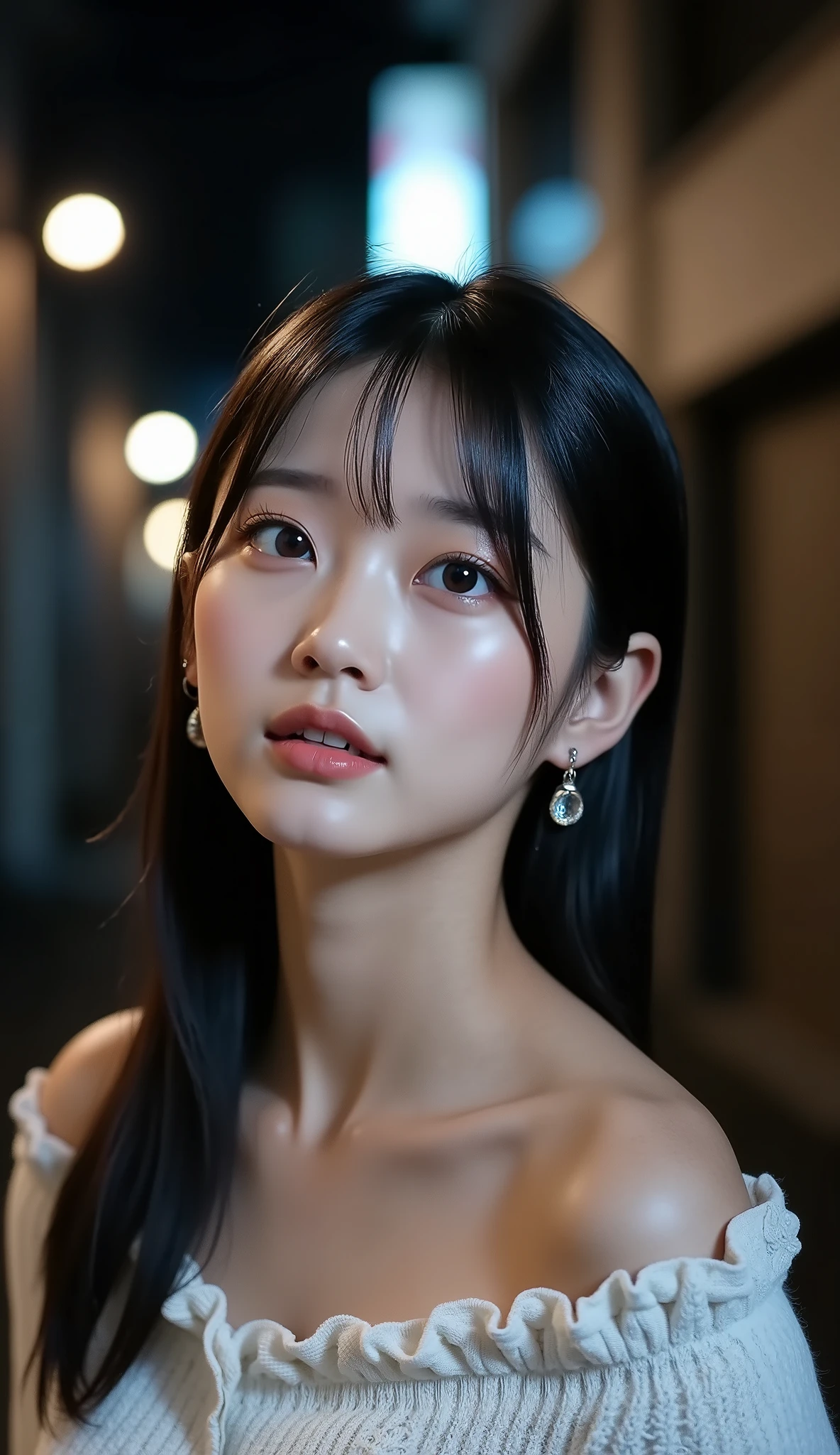 ((Front shot from above chest:1.5))、(petite young Japanese woman traveling)、Back Alley at Night、(Close your eyes and look diagonally upwards)、(Face just before the kiss:1.45)、photograph the face of a woman with her eyes closed and her face pointing diagonally upward、((dating))、((white off-shoulder knitted sweater with lace ruffles))、simple earrings、white skin、BEAUTIFUL BLACK HAIR、Straight Long Hair、light makeup、(dynamic pose:1.4)、(Beautiful huge breasts)、Accurate depiction of hands and feet、RAW pictures、16K、Reality、professional photography techniques、Ultra High Definition、16K、Real Photo