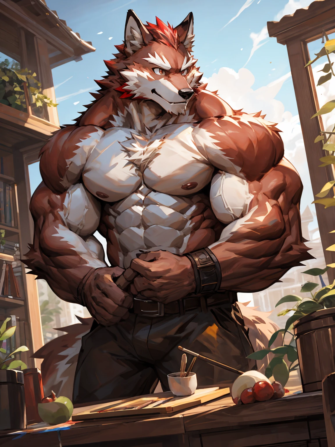 (por Taran Fiddler:1.1), (by chelodoy:1.1), (By Jay Naylor:1.1), mercenary (grimoire of zero), Feline, tigre, safe, 5 fingers, Anthro, shirtless, nipples, body built , fingers, fur, kemono, looking at the viewer, masculine, thick muscular, only, white body, White fur, gray stripes, armor, Gloves without fingers, forest