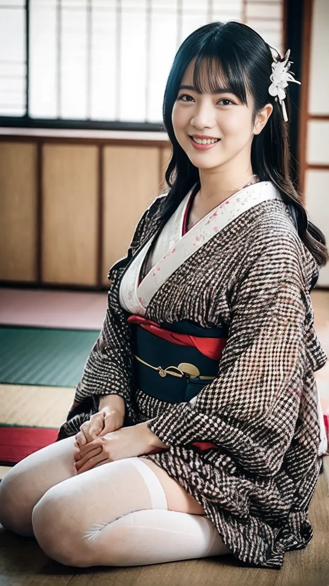 (top-quality、masterpiece:1.2)、Best Quality、realisitic、photoshot、hight resolution、1080p、8K、Textured skin、Physical Rendering、1 Japan Girls、a junior high school student、kawaii、Young Face、Rolled hair、(japanese kimono:1.5)、kyoto、full of shyness、smil、Big