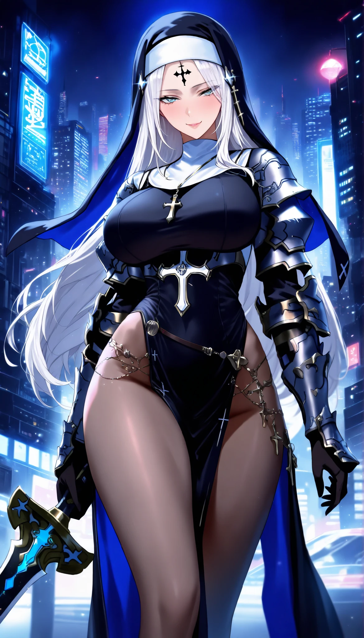 young woman with long silver hair, black eyes, extra large breasts, Sexy knight armor, Age 18, holding a sword, human