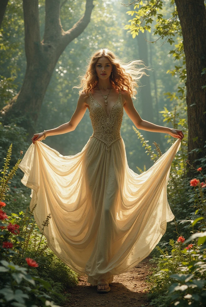 The gorgeous blonde woman, a protagonist in the Stetita style, stands as the subject of this enchanting photograph. She is captured amidst a serene forest, deep within the heart of a mystical and ancient woodland.
The camera angle is slightly from below, capturing the woman's ethereal presence and accentuating the enchanting surroundings. Shot in Fujicolor C200 film colors, the image evokes a sense of nostalgia and timelessness, as the film grain adds a touch of vintage beauty.
The lighting is soft and diffused, creating an otherworldly ambiance, as the sun begins to set, casting a warm, golden glow across the scene. This magical moment encapsulates the Stetita style, blending the dreamy and the enchanting into a stunning visual narrative.