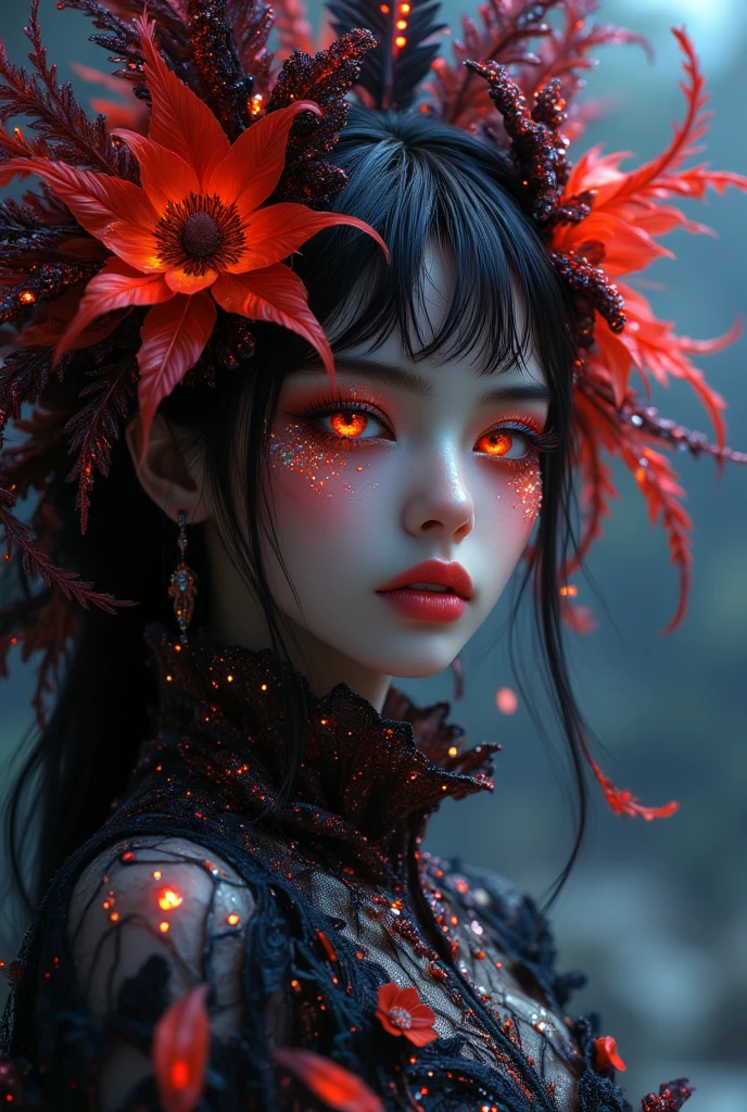 masterpiece,high quality,1girl,amazing cinematic,sparklehsr,evil,menacing,glowing eyes,yandere,holding face,red gold-trimmed kimono,o-ring halterneck,hair ornaments,well-drawn hands,fingers,bare hand,thumbs,mole under both eyes,red string,flower tattoo,neck bell,red fox mask on head,butterfly-shaped pupils,brown gradient hair,ominous red lighting,scary,grinning,spider lily flowers,