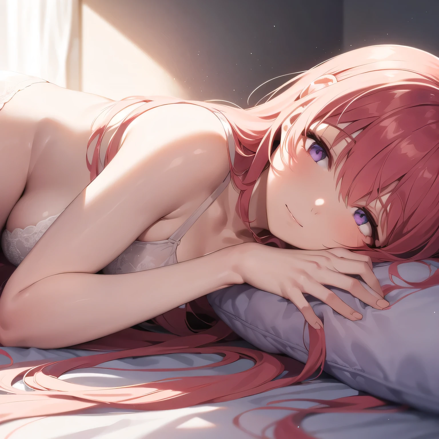 (Best Quality,High resolution,8K,finelity detailed background,Masterpiece:1.2),beautiful girl,Shiny pink hair,messy hair,Pink eyes,Gentle look,A refreshing look,Best quality,Best Quality,Aesthetic and aesthetic:1.2,Best details((Super detailed))(High-definition CG illustrations),cuteパジャマ,Slender body,night,Moonlight,Bedroom,On the bed,smile,blush,cute,Scrounge,Looking up,Being spoiled,super model,wariza,shoot from below