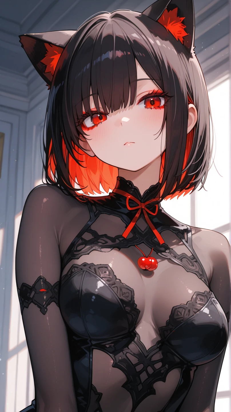 ((Black hair)),((twin short hair)),((straight haired)),((pale red eyes)),(continuous aggregate々long-sleeved clothes with sleeves),(Denim dress),(some white lace),(red wide hair band),((Long skirt made of denim material)),((Feeling of fatigue and weakness)),((Why not put your hand on your cheek and make a cute pose???)),Slight red tide,(show your tongue and smile),(Vampires),((tusk)),(Yodare),(A little blood around the mouth),(Kamimei),close up of face,((NSFW)),((Her modest cleavage is cute)),