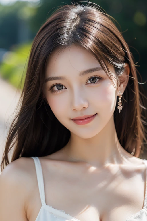 ((Highest quality, 8K, masterpiece :1.3)), One girl, smile, whole body, Slim face, Beautiful woman, (Dark brown hair)Highly detailed face, Fine grain, double eyelid, Blur the background, Slim face, 