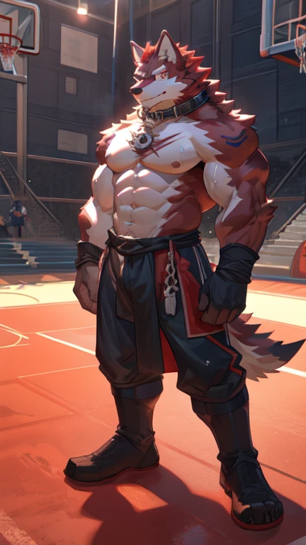 Best quality, diederich olsen (/knights college/), wolf, kemono, nj5furry, Red Fur, Red eyes, Medium Muscular Body, Solo, Cool Pose, white socks, Collar, topless, Sweat, Fierce, Smille, Scar, Grand Basketball court playground