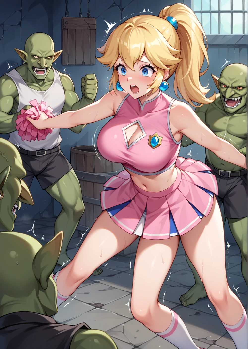 score_9, score_8_up, score_7_up, source_anime, (lying on back),from above floor,((((wrestling ring)))), ((1girl)and(2goblins)),(height difference),hetero,(1muscular girl:1.4),(long hair),straight hair, (blonde hair), light blue eyes, (huge breasts), pale skin,shiny skin, (rolling eyes:1.4),(trembling), ((She wears white leotard armor ,black pantyhose)), cum in pussy,(cum on clothes:1.4), cum on breasts,cum on body,cum facial, bukkake, cum in mouth,cum on hair,(excessive cum), (2goblin,short stature:1.4),((smug)), small penis, fellatio, (((irrumatio))), sobbing, ((((head back,look up reverse_fellatio, irrumatio from head)))),((((rape,veiny penis,vaginal penis,missionary sex, fellatio,deepthroat,motion lines,^^^,exccesive cum)))), open mouth,penis in mouth, irrumatio,swallowing penis,clothed sex,